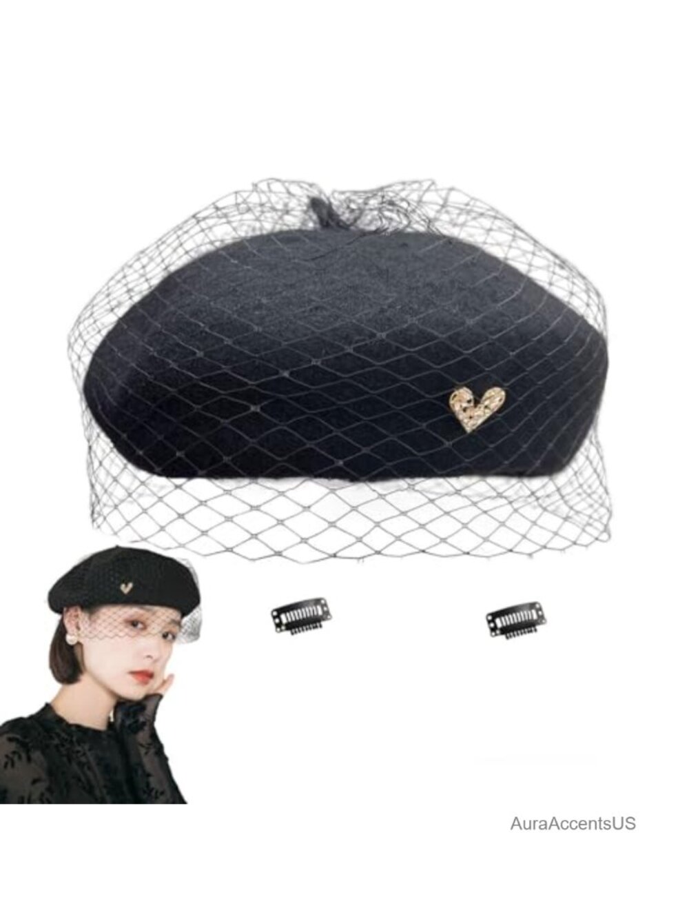Premium Cashmere Wool Beret Hat with Veil for Women